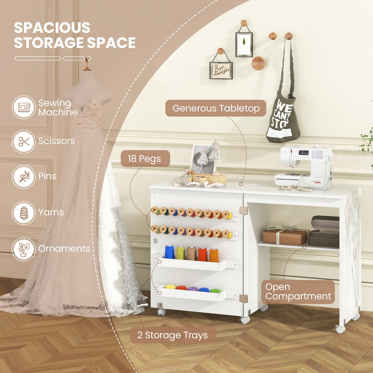 Folding Sewing Table with Storage Shelf and 5 Lockable Wheels-White