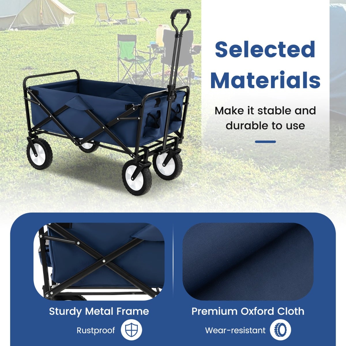 eavy Duty Camping Garden Cart with Adjustable Handle and Drink Holders-Navy