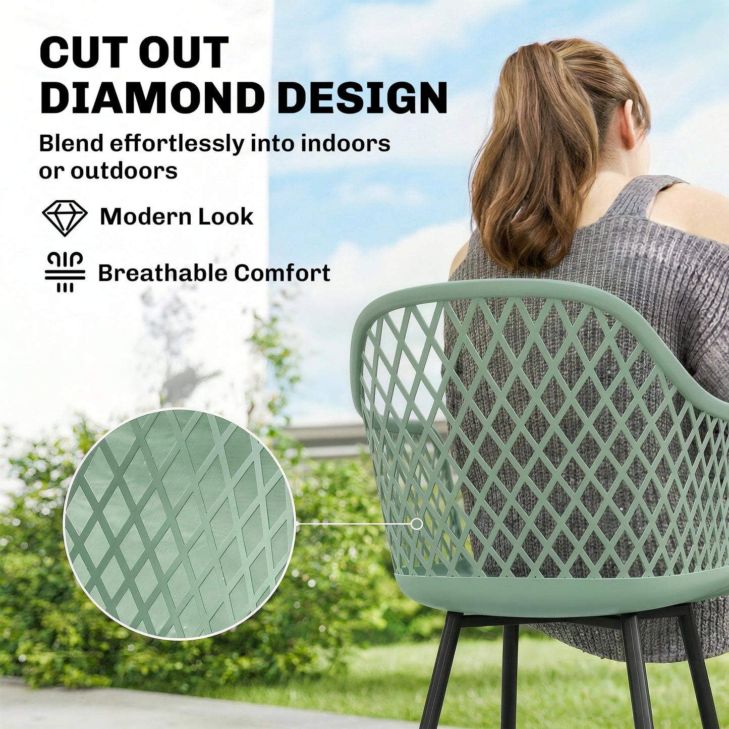 Outsunny Garden Chairs Set of 4, Garden Dining Chairs with Cut Out Diamond Back and Armrests for Patio, Balcony, Terrace, Green