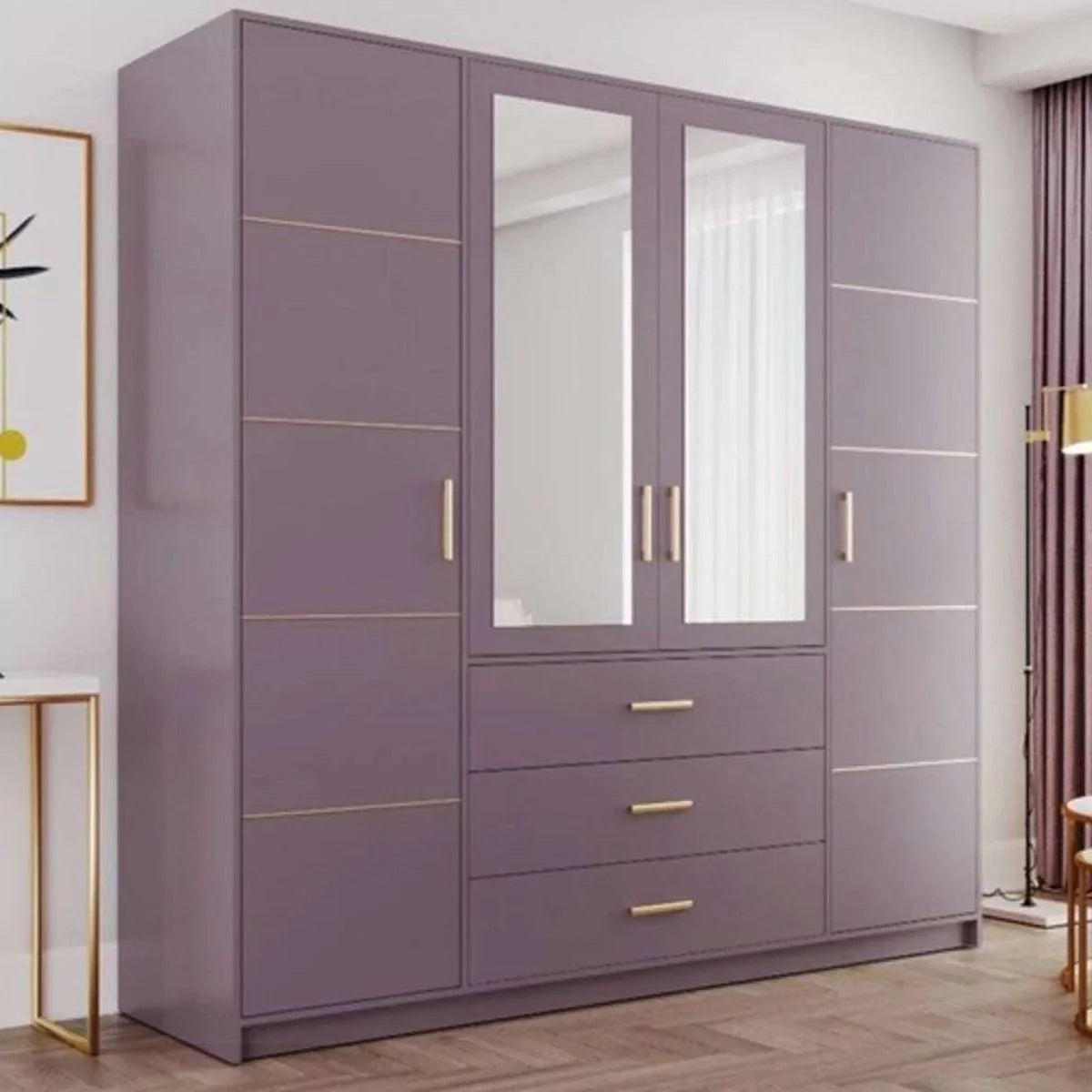 Barnsley 4 Doors Mirrored Wardrobe With 3 Drawers Plum Green Blue 
