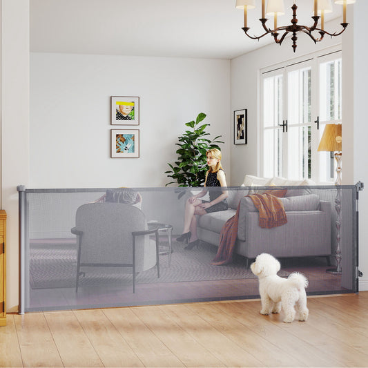 PawHut Retractable Dog Gate, Extends to 300 cm Wide & 104 cm Tall, Mesh Pet Gate Single Hand Operation, for Stairs Doorways