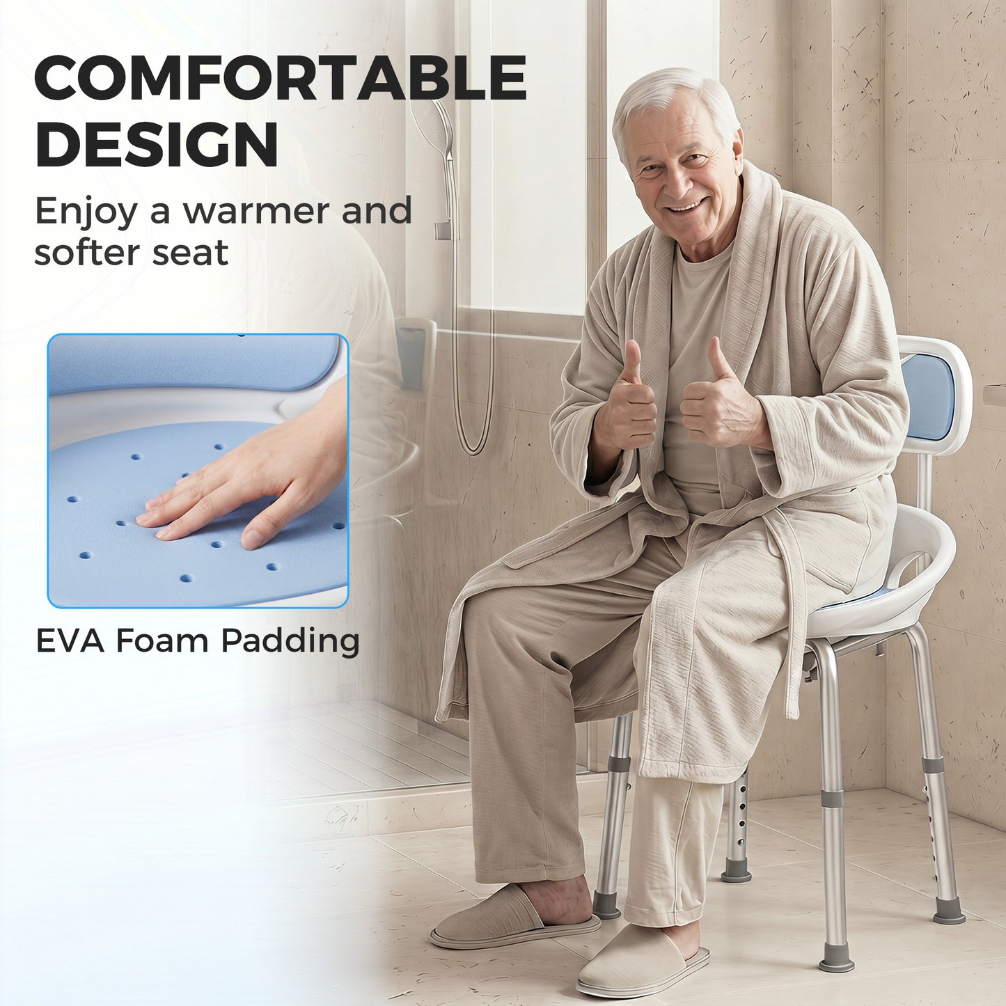 HOMCOM Shower Chair with Padded Seat Adjustable Height Shower Stool Bath Seat with Back and Anti-Slip Feet