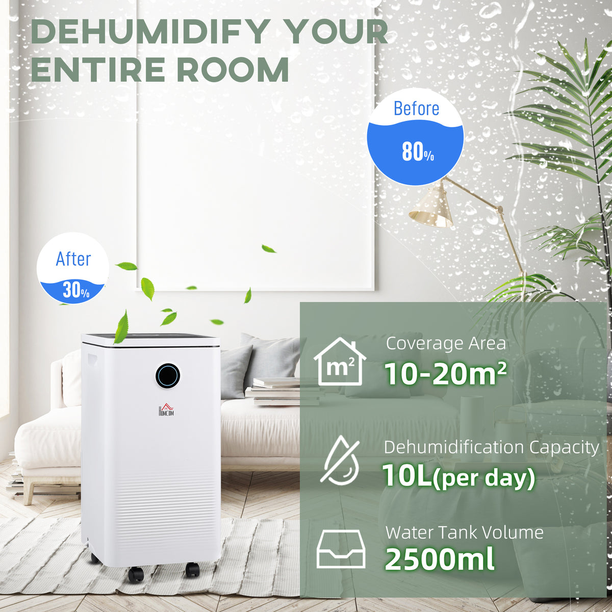 HOMCOM 10L/Day Dehumidifier with WiFi Smart App Control, 2.5L Water Tank, Digital Display, Sleep Mode, 24H Timer, Laundry Clothes Drying, for Home and Large Room Basement