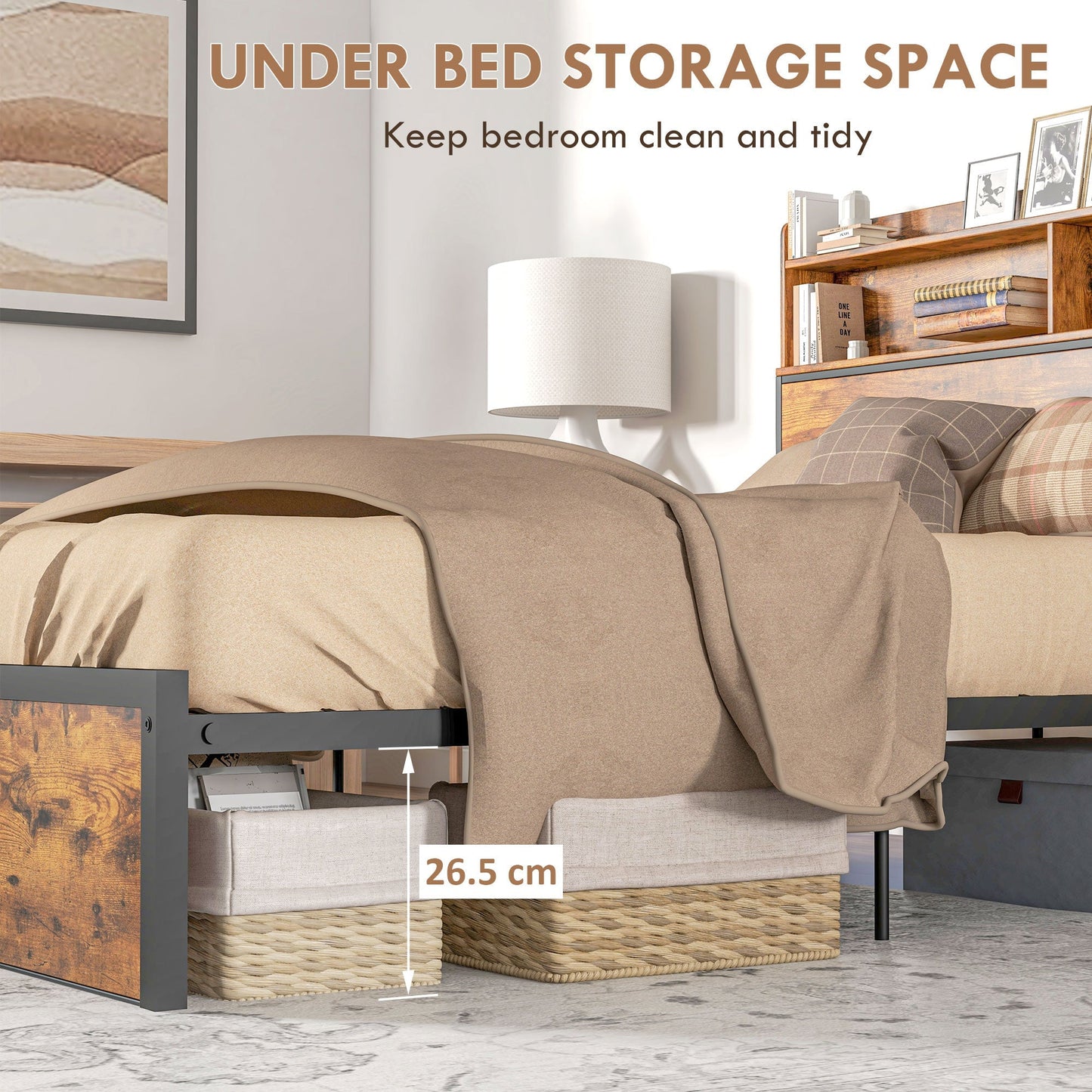 HOMCOM Industrial Double Bed Frame, 4.6FT Steel Bed Base with Storage Headboard, Footboard, Slatted Support and Under Bed Storage, 141 x 207cm, Rustic Brown