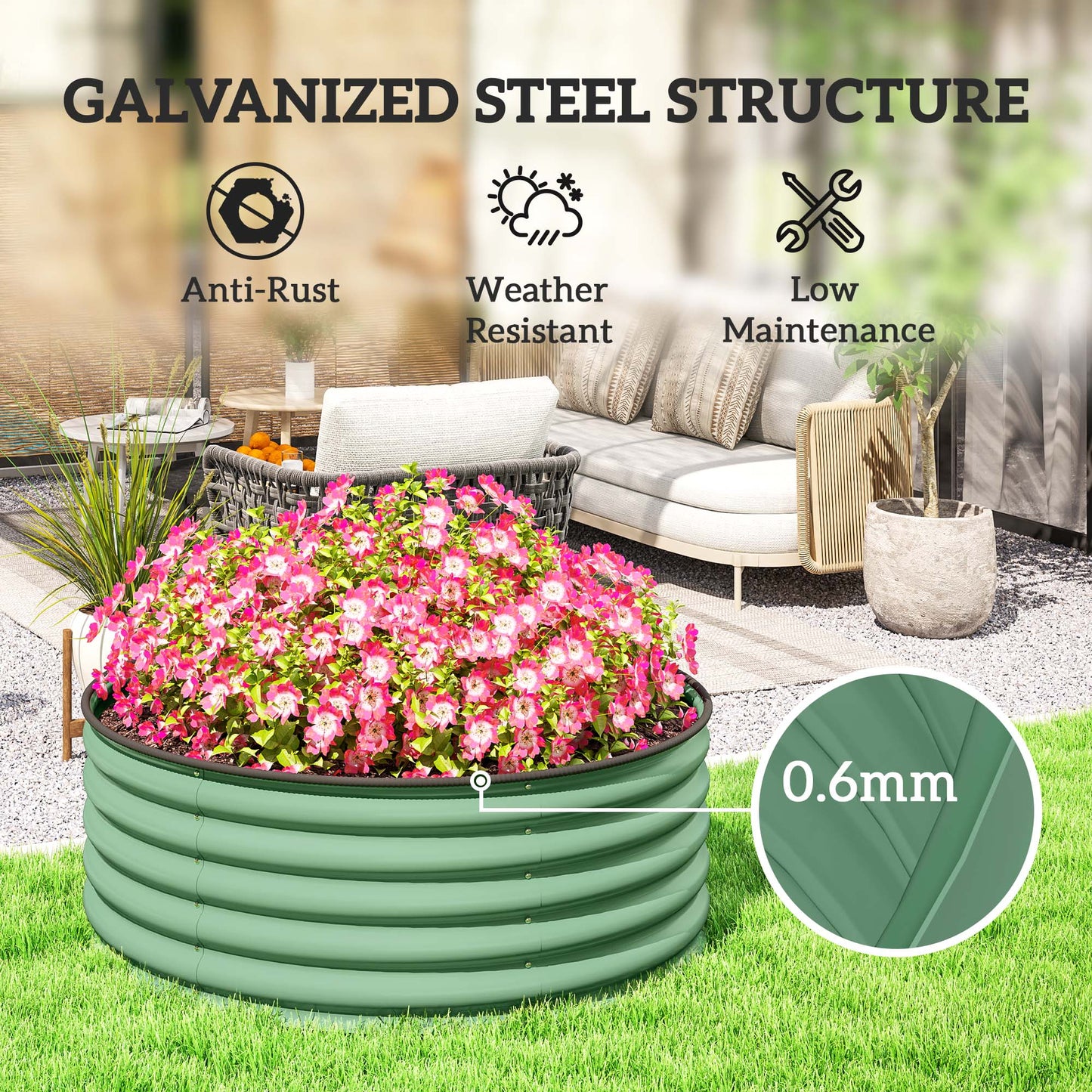 Outsunny Galvanised Raised Garden Bed with Safety Edging, Outdoor Raised Planter Box with Gloves, 120 x 120 x 43cm, Light Green