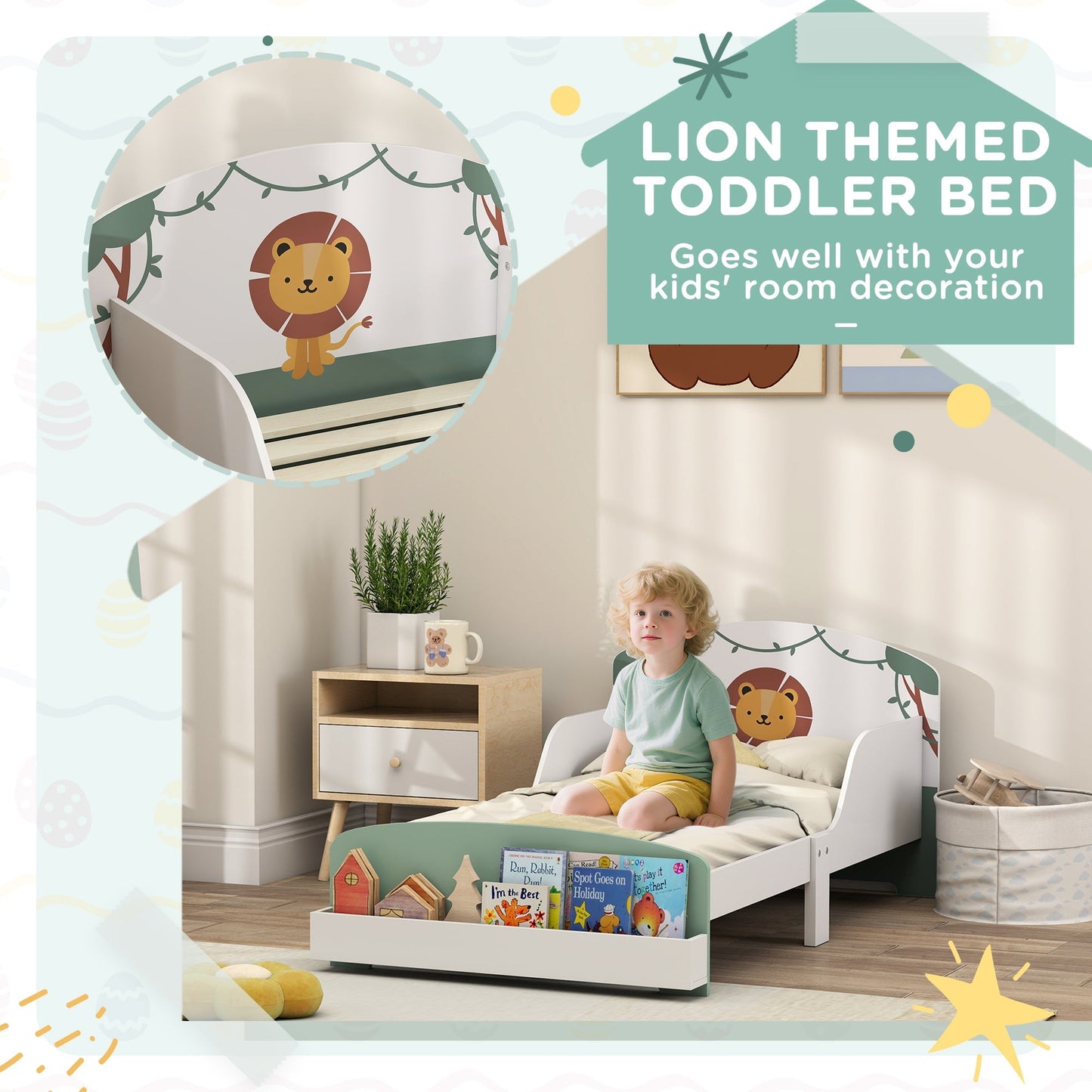 AIYAPLAY Toddler Bed with Storage, Guardrails, Lion Design, for Ages 3-8 Years, Fits 140 x 70cm Mattress, Green