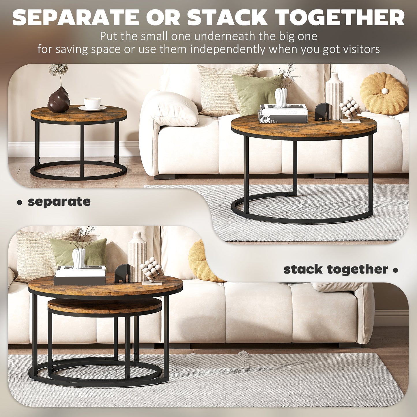 HOMCOM Set of Two Wood-Effect Stacking Tables - Rustic Brown