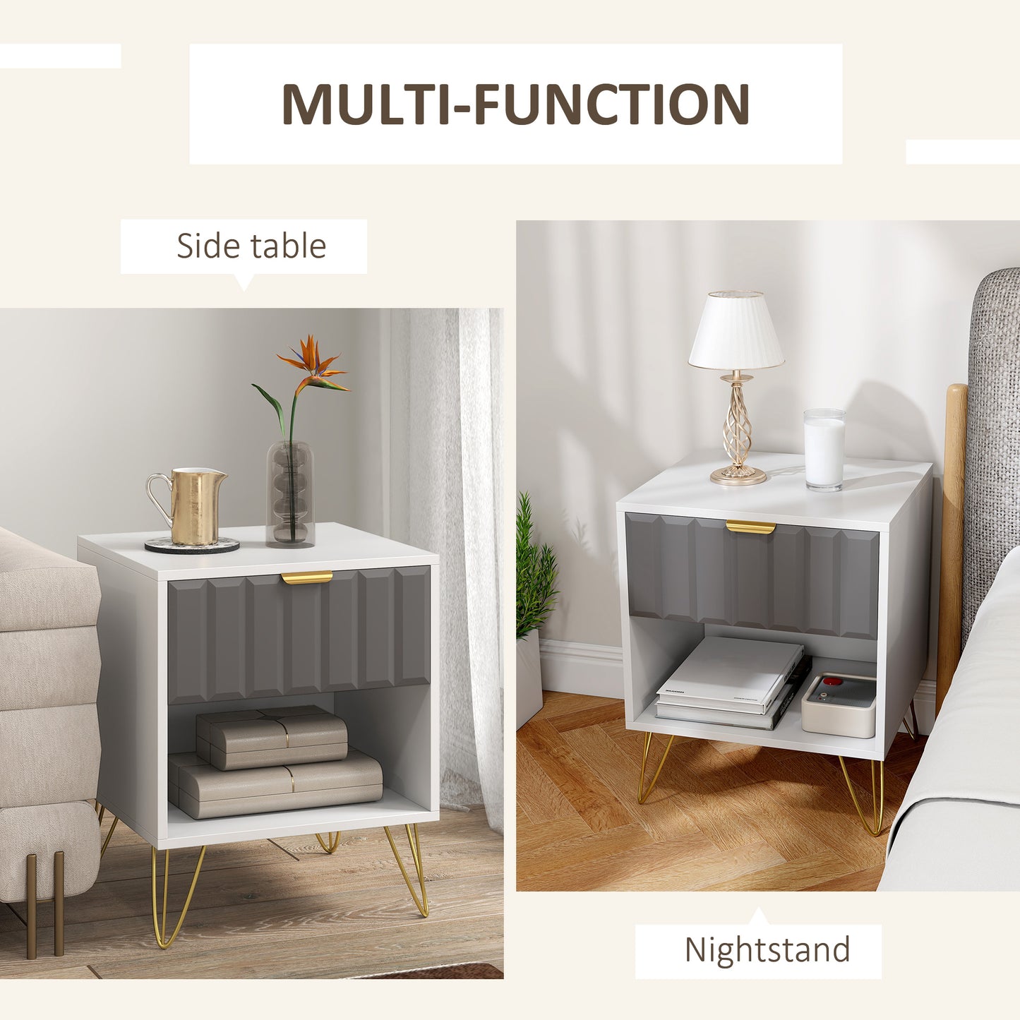HOMCOM Bedside Table Modern Bedside Cabinet with Drawer and Open Compartment, 45 x 40 x 55, White