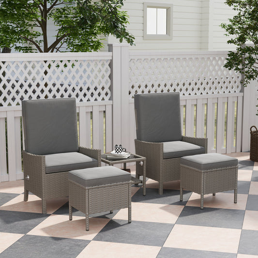 Outsunny 5 Piece Rattan Garden Furniture Set, Wicker Patio Sofa Set with 2 Armchairs, 2 Footstools, Glass Top Coffee Table with Shelf, Outdoor Furniture with Adjustable Backrests, Cushions, Dark Grey