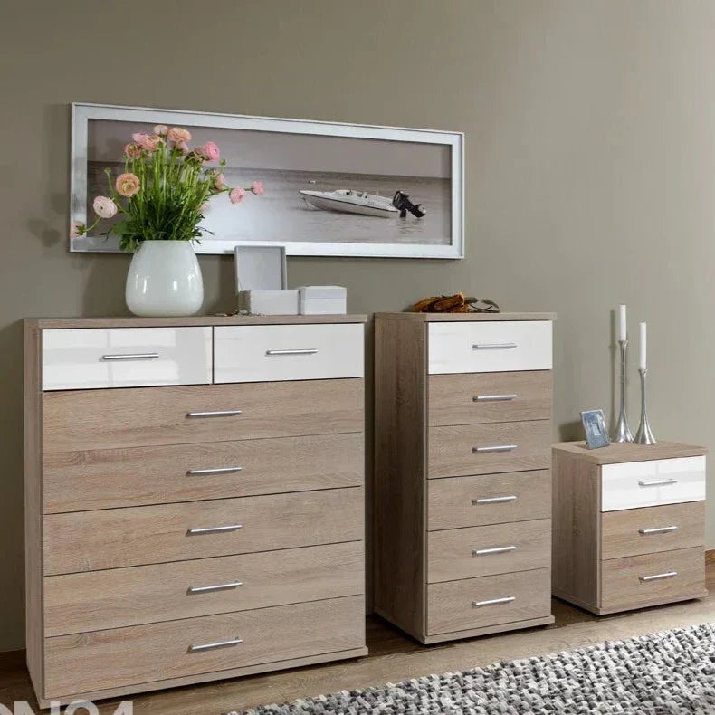 Bedside Table GEMA 3 Drawer Nightstand Oak and White Gloss 46cm