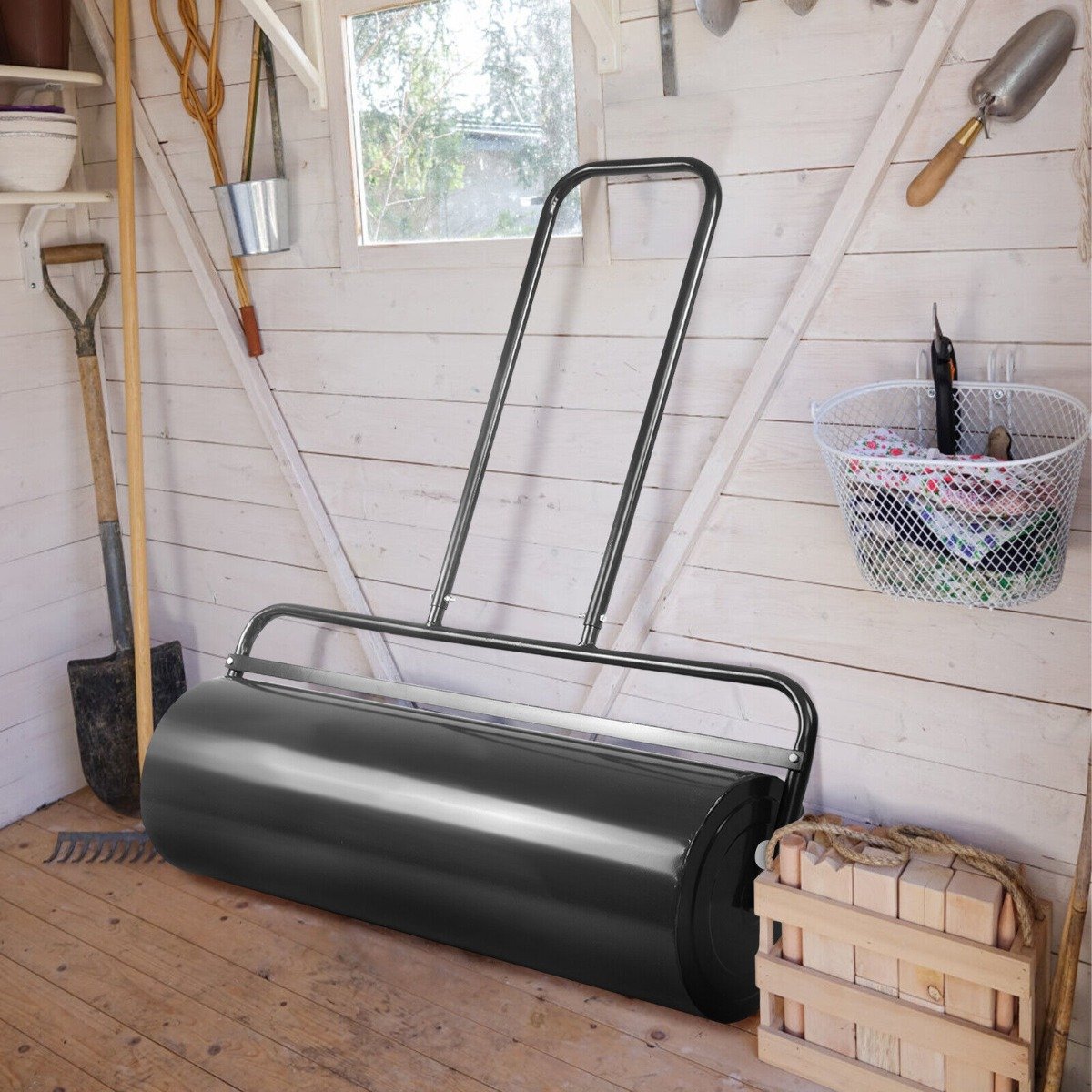 63L Heavy-Duty Garden Grass Roller with U-shaped Handle-Black