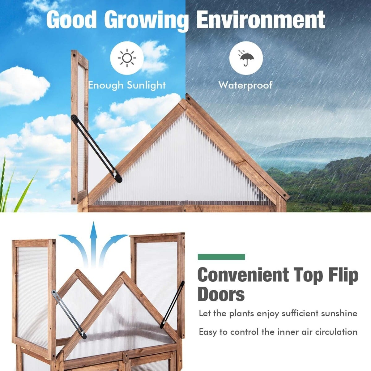 Cold Frame Mini Wooden Greenhouse with Transparent Openable Roof