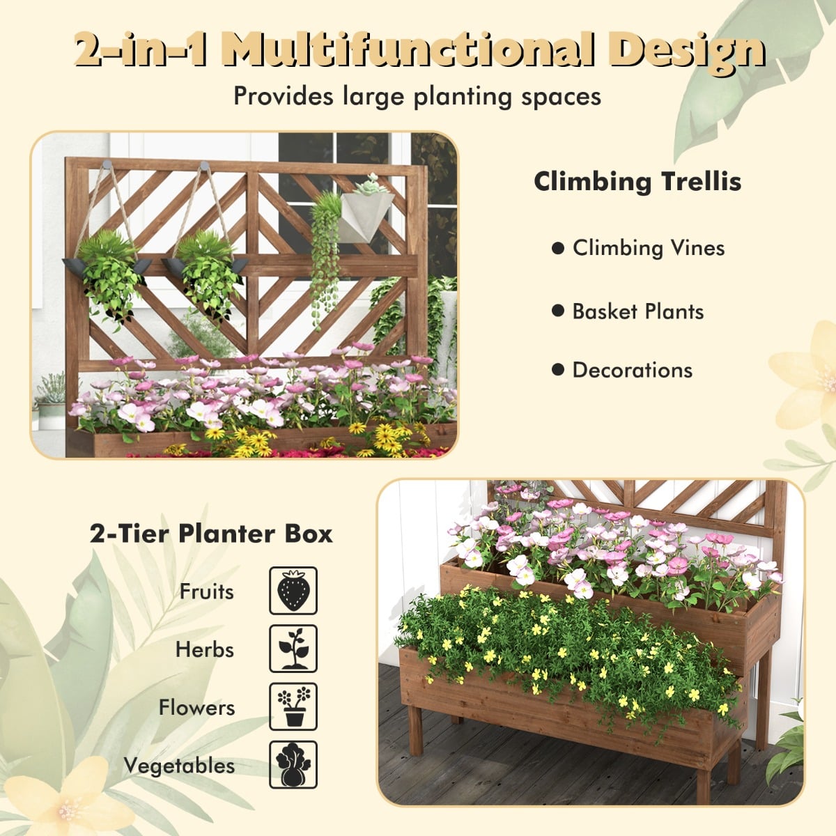 2-Tier Raised Garden Bed with Trellis and Drainage Hole-Brown