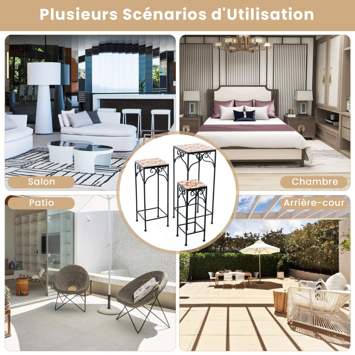 Metal Plant Stand Set of 3 with Mosaic Tile-Yellow