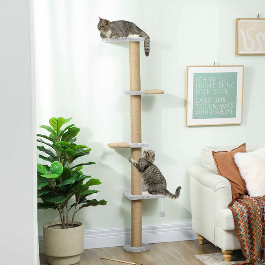 PawHut Wall Mounted Cat Shelves, Cat Climbing Wall with 4 Climbing Platforms, Jute Scratching Post and Toy Ball,180cm Tall, Light Grey