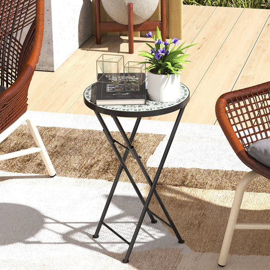 Outsunny Mosaic Outdoor Garden Table, 35.5cm Round Folding Coffee Table with Metal Frame for Balcony Terrace, Green