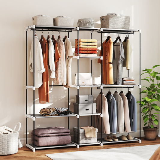 HOMCOM Portable Wardrobe, Open Clothes Wardrobe with 8 Shelves, 3 Hanging Rails, Light Grey