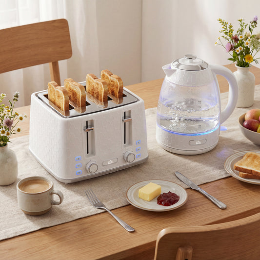 HOMCOM Kettle and Toaster Set, 1.7L 3000W Rapid Kettle with Strix Thermostat, 4 Slice Toaster with 7 Browning Controls, Cream