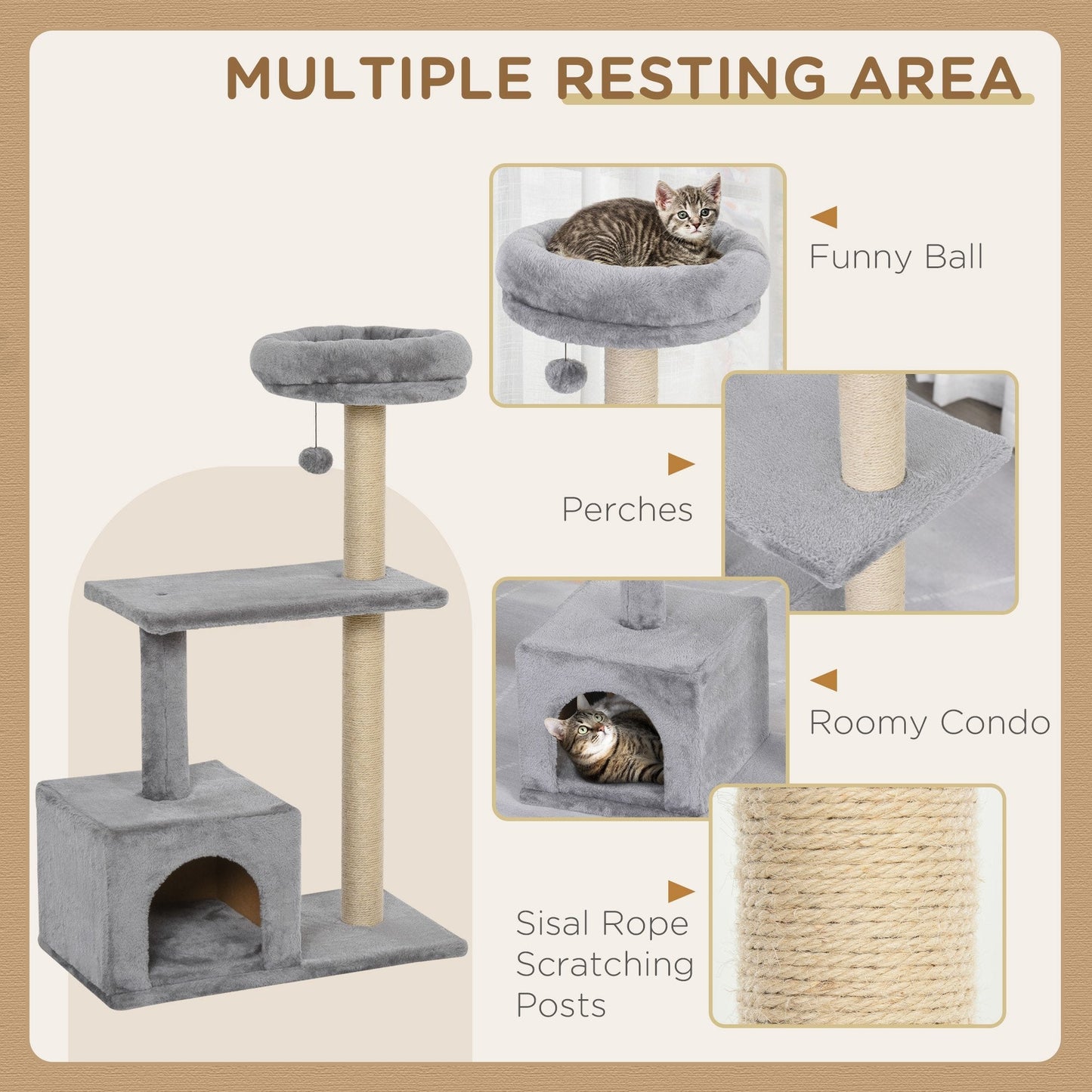 PawHut 96cm Cat Tree for Indoor Cats Condo Sisal Scratching Post Cat Tower Kitten Play House Dangling Ball Activity Center Furniture Grey