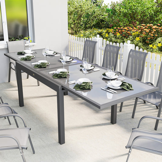 Outsunny Extending Garden Table for 6-10, Aluminium Outdoor Dining Table with Tempered Glass Top, Grey
