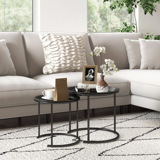 HOMCOM Nesting Tables Set of 2, Side End Table with Removable Tabletop Tray and Steel Frame for Living Room, Bedroom, Black