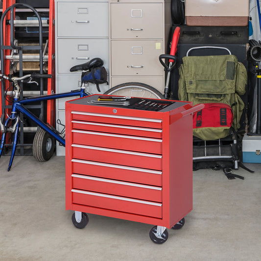 DURHAND Tool Box Chest on Wheels, 7-Drawer, Lockable Metal Tool Cabinet for Garage, Workshop, Red