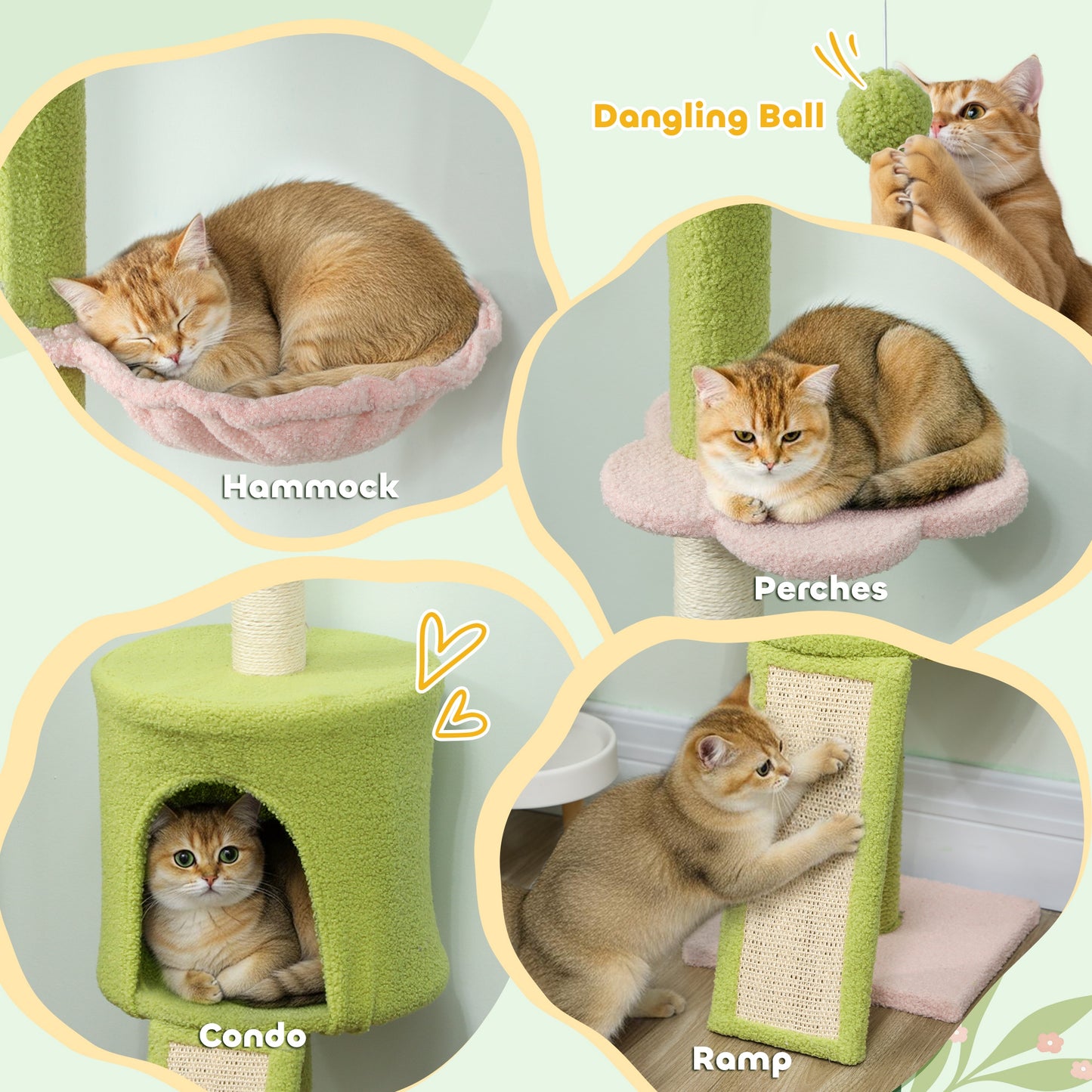 PawHut 220-240 cm Floor to Ceiling Cat Tree Adjustable Height with Hammock, Condo, Scratching Posts, Green