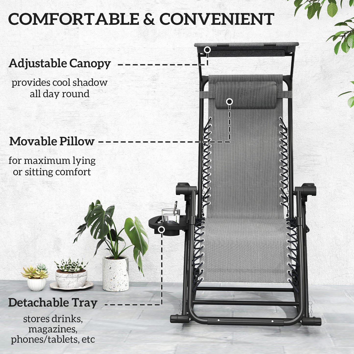 Outsunny Garden Rocking Chair Folding Recliner Outdoor Adjustable Sun Lounger Rocker Zero-Gravity Seat with Headrest Side Holder Patio Deck - Grey