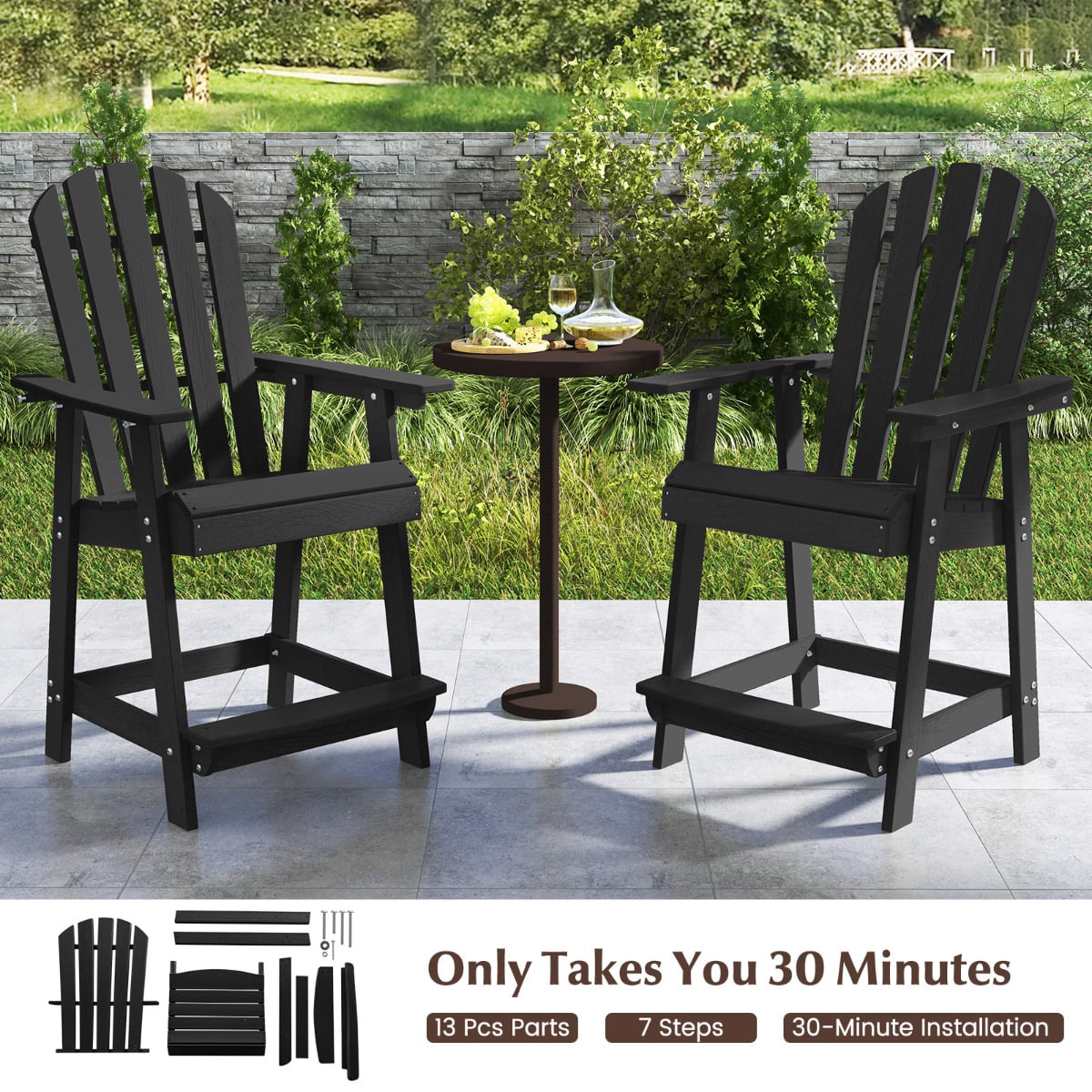 Outdoor HDPE Bar Stool with Armrest Footrest for Garden Poolside Set of 2-Black