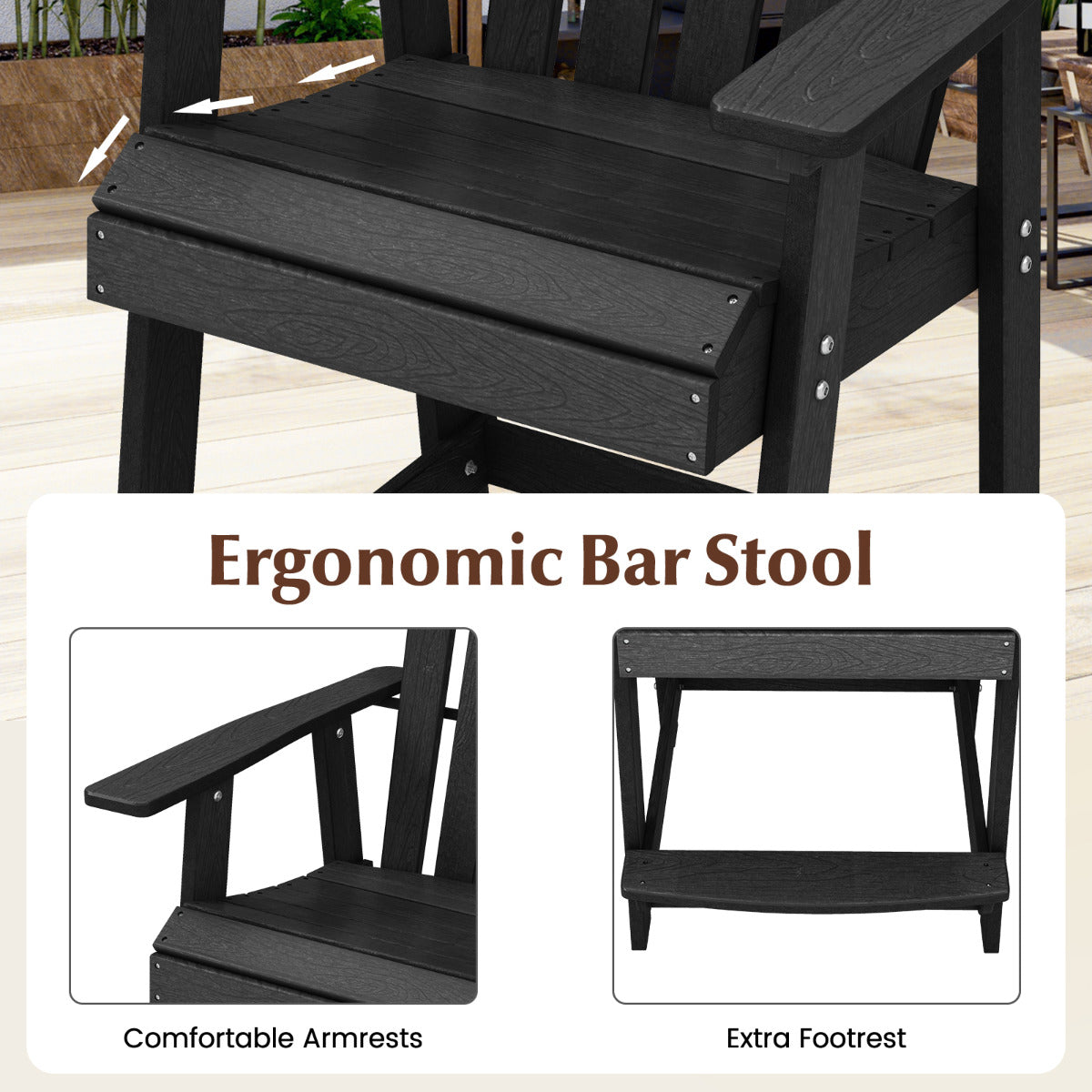 Outdoor HDPE Bar Stool with Armrest Footrest for Garden Poolside Set of 2-Black