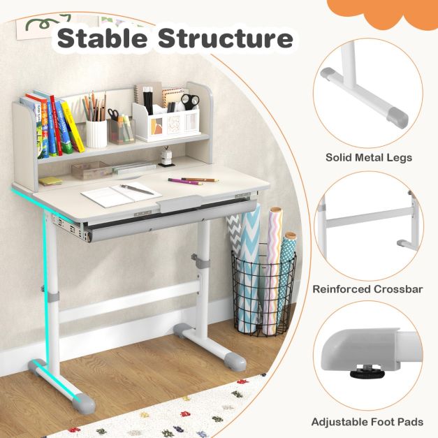 Height Adjustable Children Writing Table with Tilt Desktop and Hutch-Grey