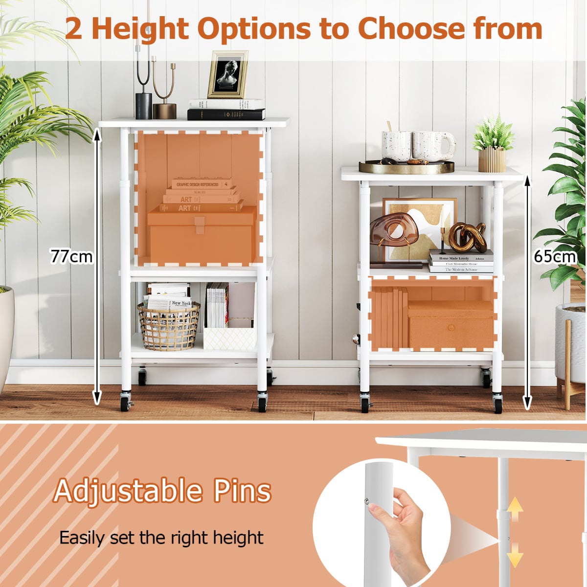 Height Adjustable Printer Stand with Storage Shelves and Locking Wheels-White
