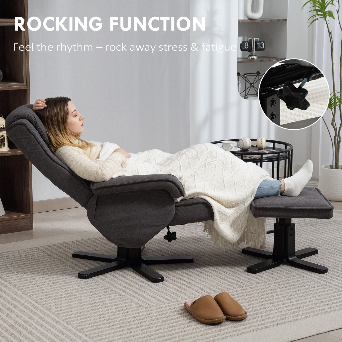 HOMCOM Rocker Swivel Recliner Chair with Footstool - Charcoal Grey Velvet
