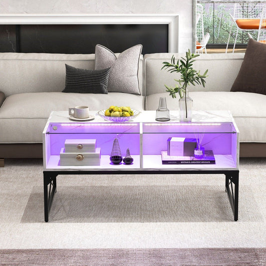 High-gloss LED Coffee Table with Faux Marble and Tempered Glass Top-White