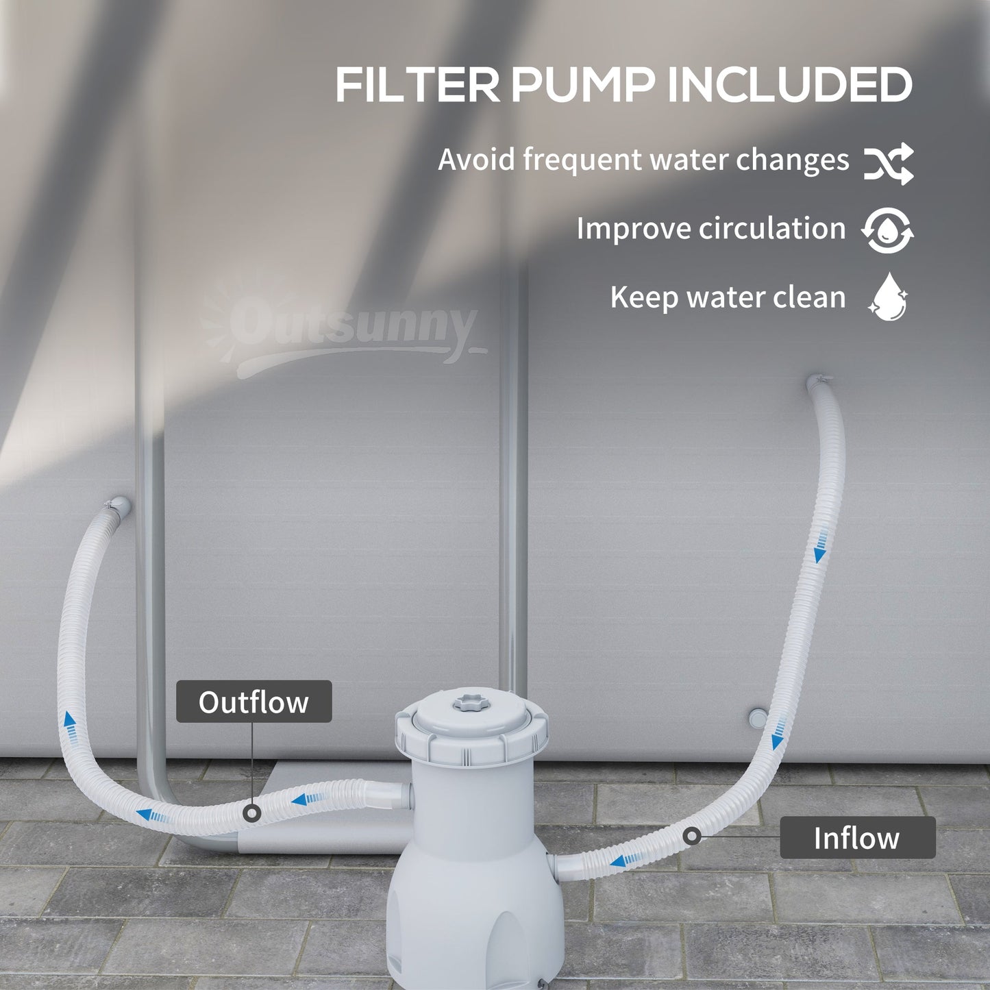 Outsunny Rectangle Steel Frame Swimming Pool with Ladder and Pump - Grey