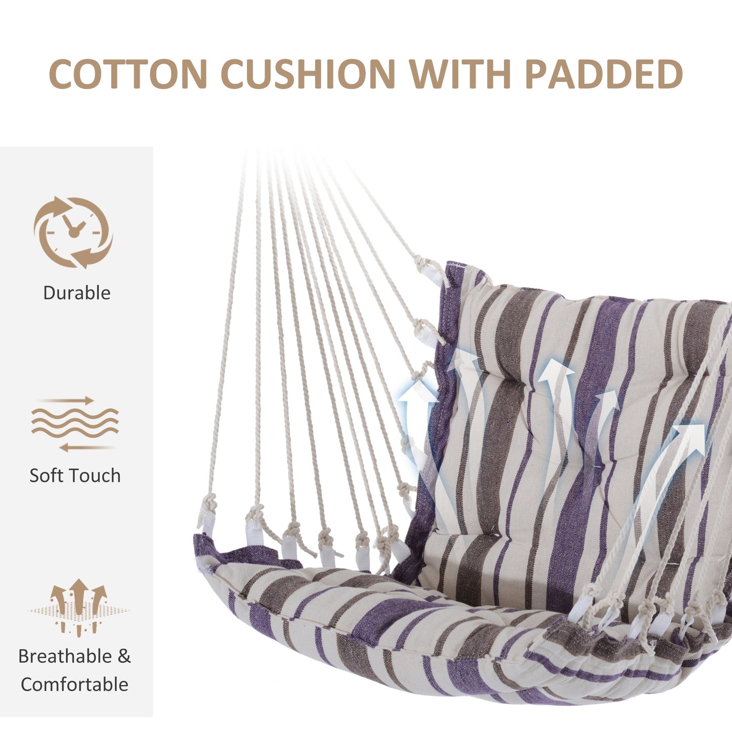 Outsunny Outdoor Hanging Rope Chair with Soft Padded Seat & Backrest, Garden Hammock Chair with Wooden Support Bar Cotton Cloth, Portable Garden Chair for Patio & Tree, Brown