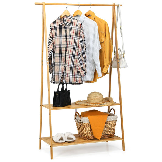 Bamboo Garment Rack with Hanging Rod & 2 Storage Shelves