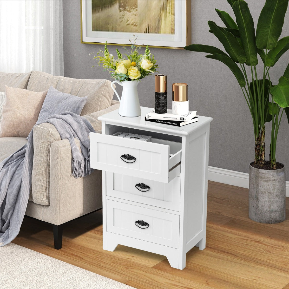 3-Drawer Vintage Bedside Table with Metal Handles & Anti-toppling Device-White