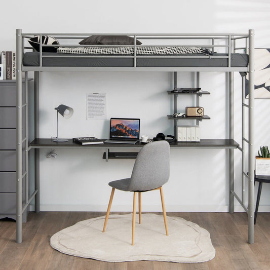 Metal Bunk Bed Frame High Sleeper with Desk and Storage Shelves-Silver