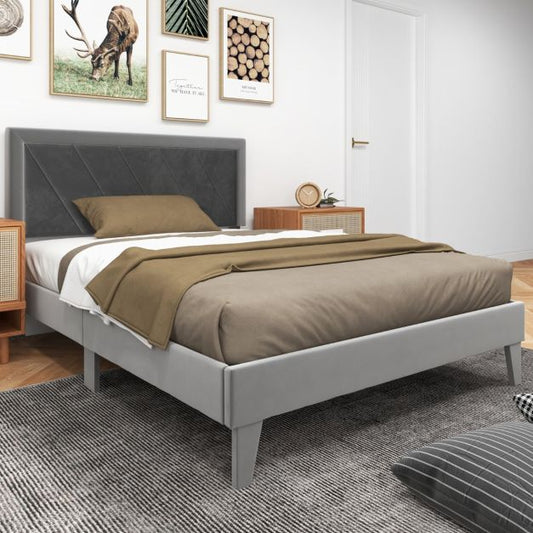 Single/Double Platform Bed with High Headboard &12 Wooden Slats-Double Size