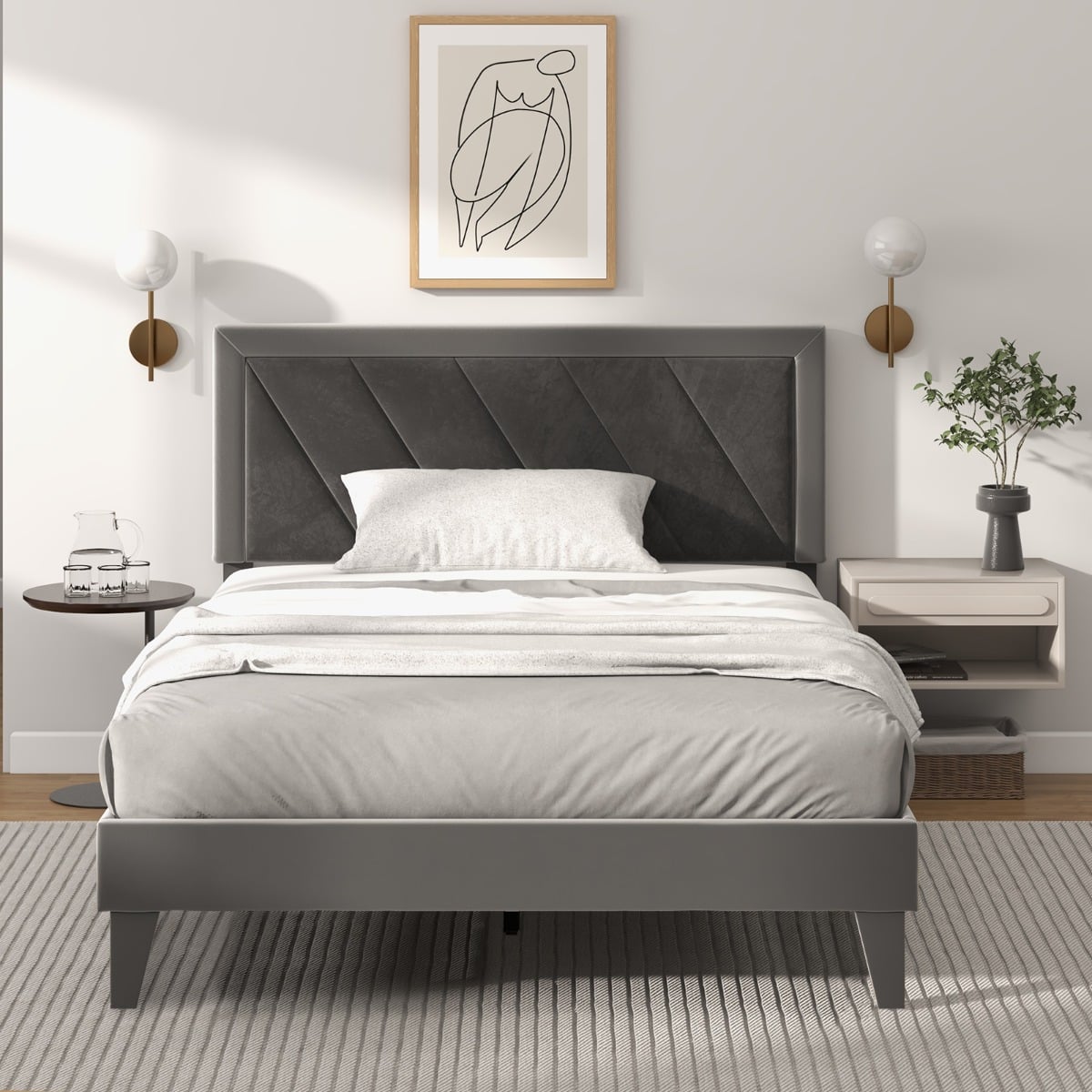Single/Double Platform Bed with High Headboard &12 Wooden Slats-Double Size