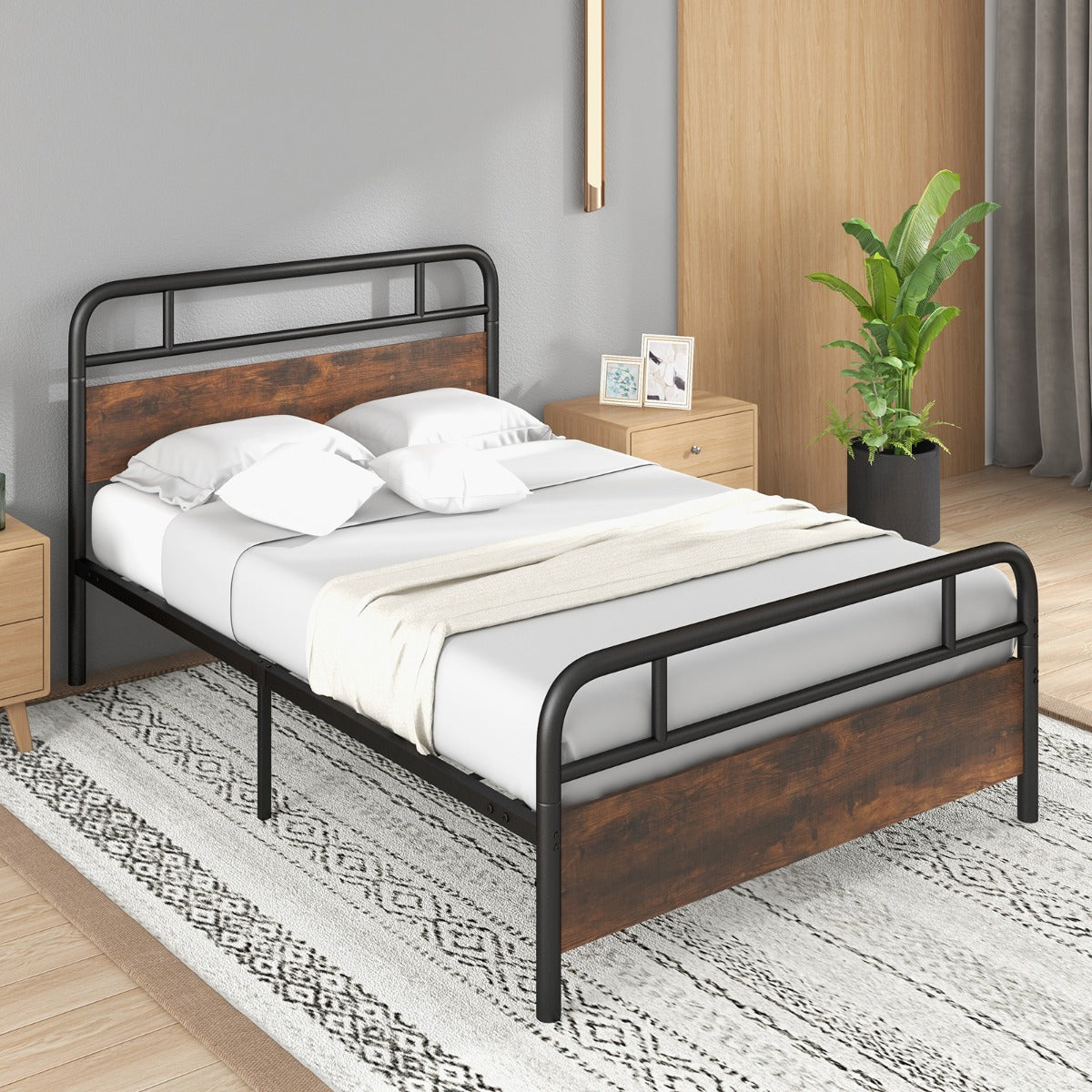 Single/Double/King Bed Frame with Industrial Headboard-Double Size