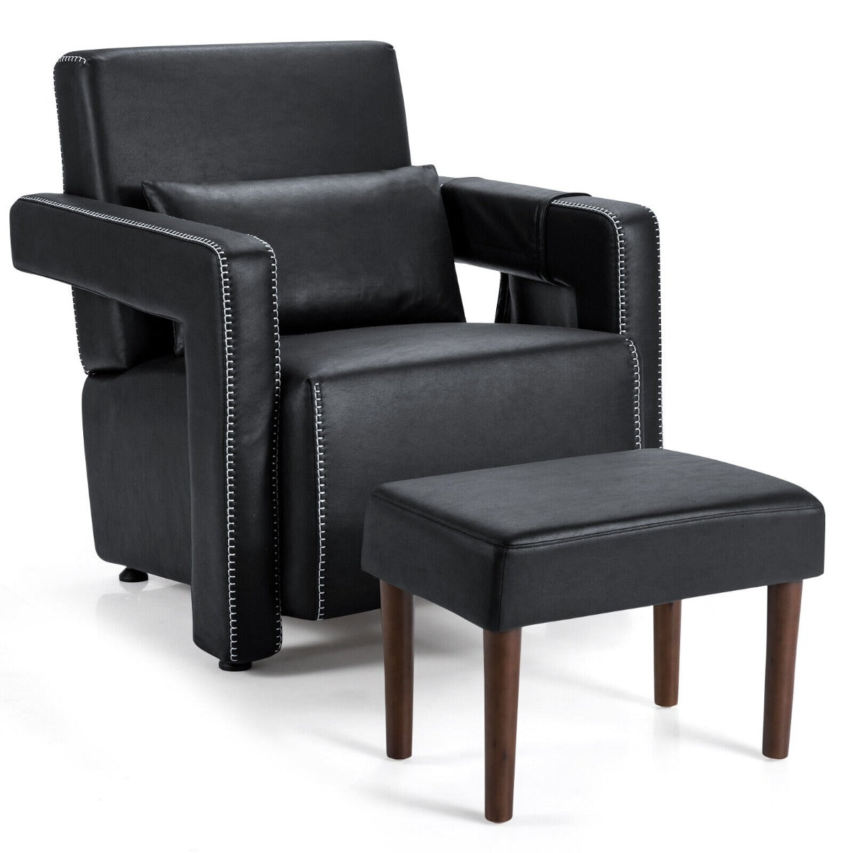 Upholstered Padded Accent Chair with Footstool and Lumbar Pillow-Black