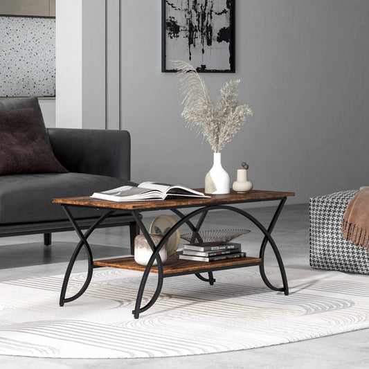 Coffee table with shelf and metal frame Modern sofa table 100 x 50 x 45 cm vintage brown