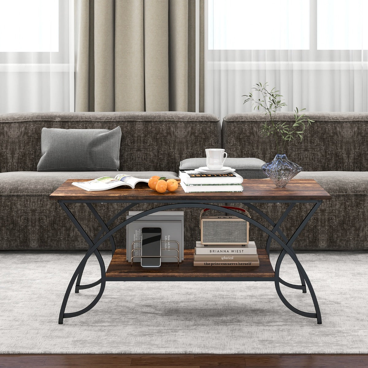 Coffee table with shelf and metal frame Modern sofa table 100 x 50 x 45 cm vintage brown
