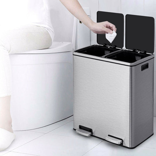 Double Recycle Pedal Bin wth Dual Removable Compartments-Silver