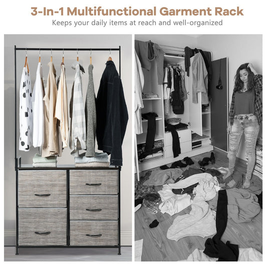 Fabric Drawer Dresser with Clothes Rack