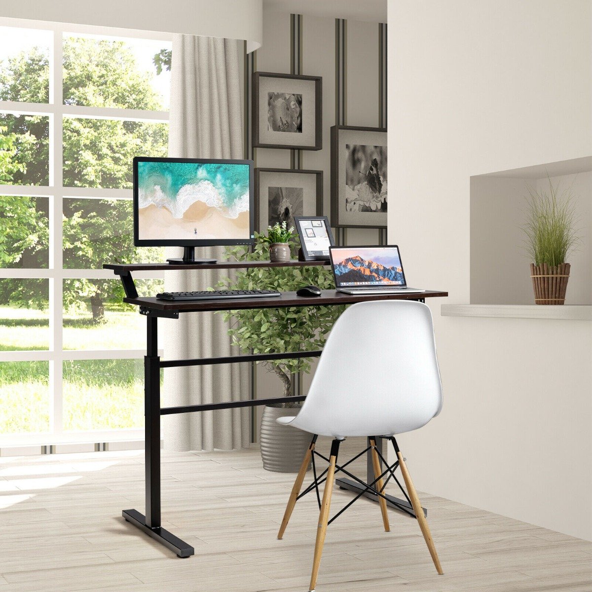 2-Tier Height Adjustable Standing Desk with Crank Handle-Coffee