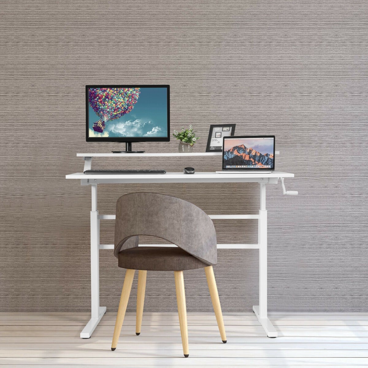 2-Tier Height Adjustable Standing Desk with Crank Handle-White