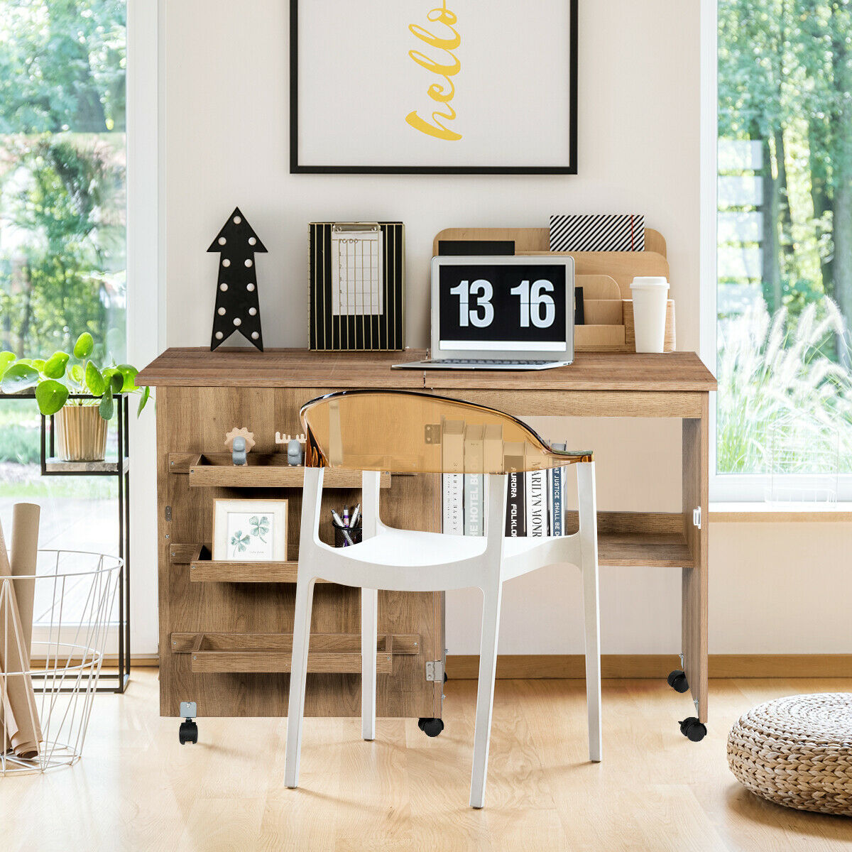 Folding Sewing Table with Storage Shelves and Lockable Casters-Natural